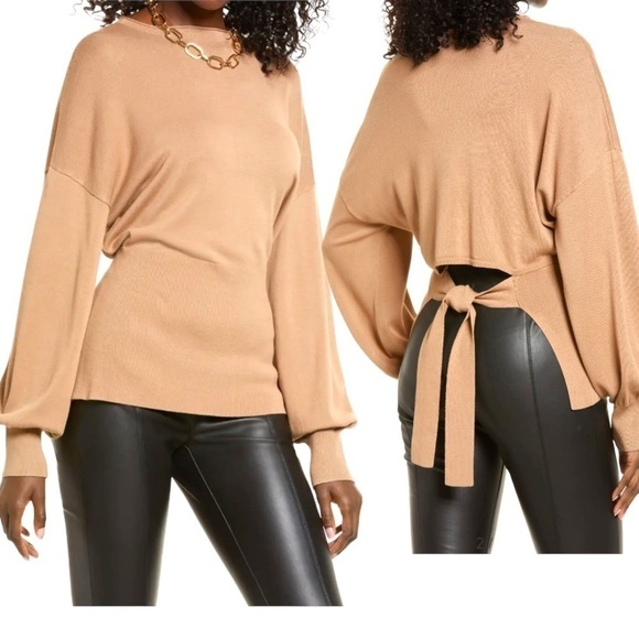 Tie Back Belt Ribbed Mocha Mousse Sweater Mock Neck Billow Sleeve Size L NWT - Picture 4 of 16